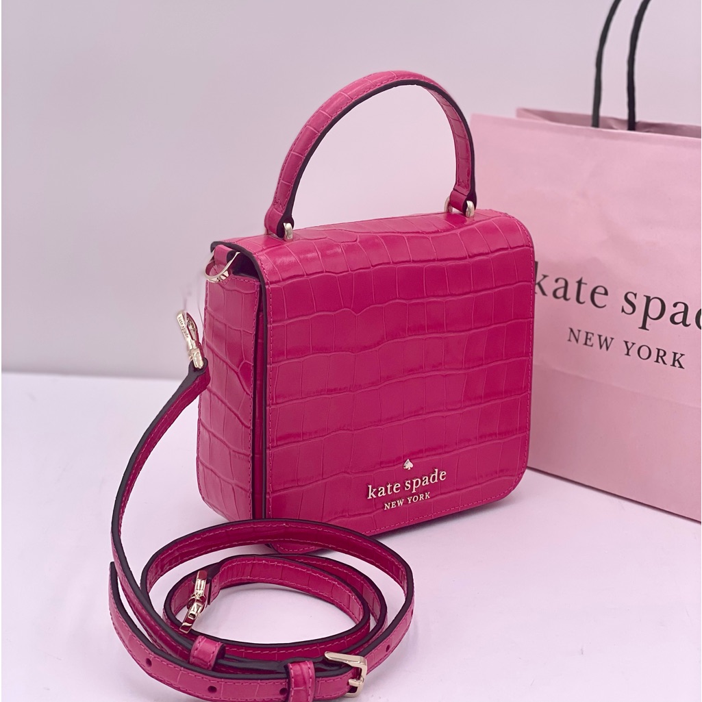 Kate Spade Croc Embossed Staci Square Crossbody Handbag In Festive Pink
